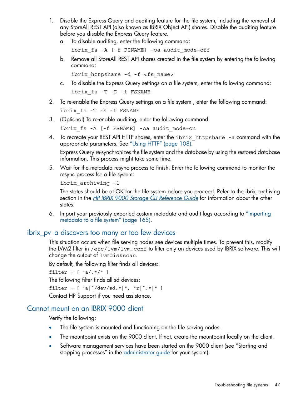 Ibrix_pv -a discovers too many or too few devices, Cannot mount on an ibrix 9000 client | HP StoreAll Storage User Manual | Page 47 / 254