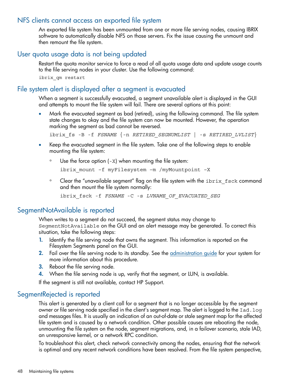 Nfs clients cannot access an exported file system, User quota usage data is not being updated, Segmentnotavailable is reported | Segmentrejected is reported | HP StoreAll Storage User Manual | Page 48 / 254