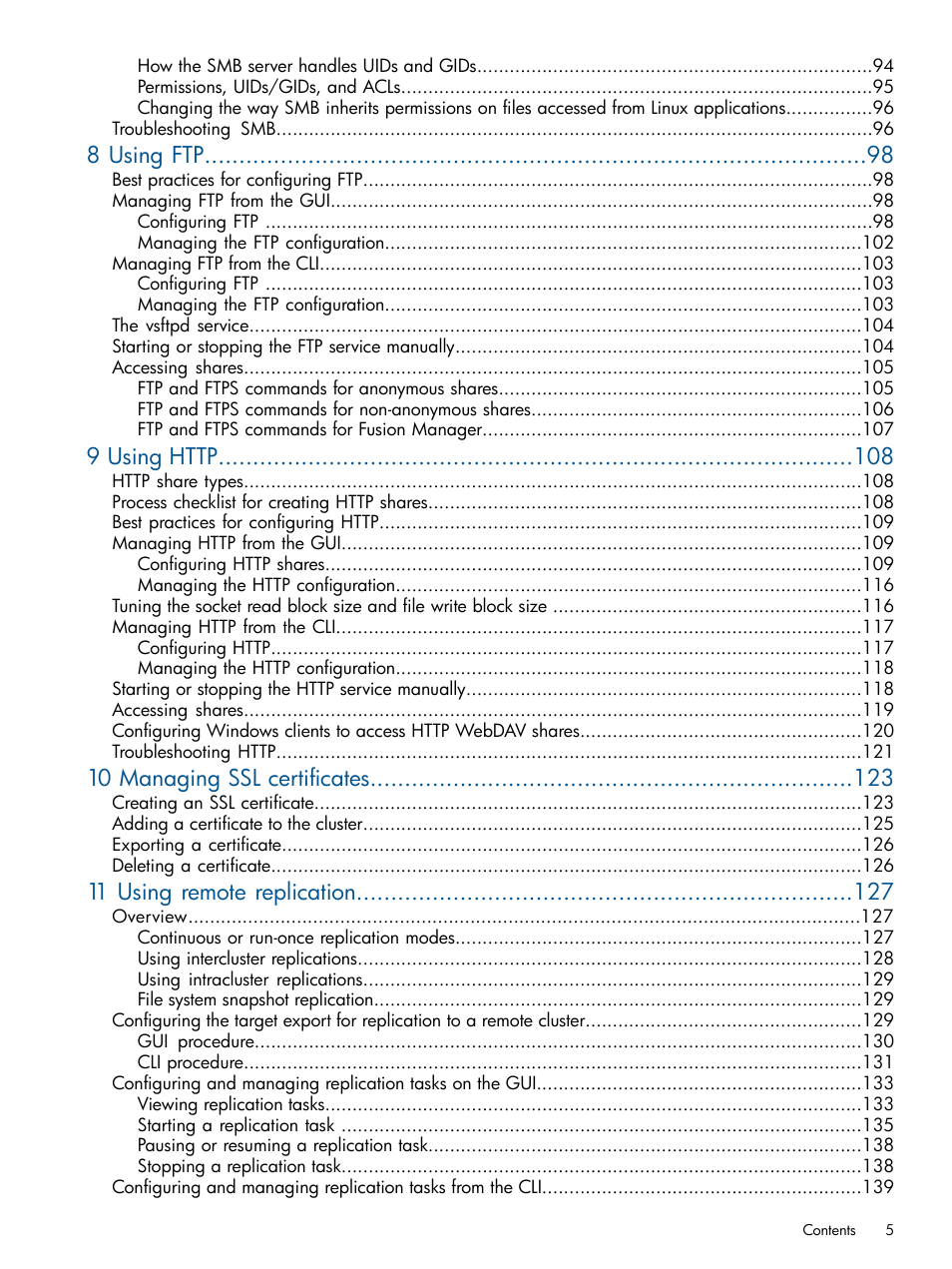 8 using ftp, 10 managing ssl certificates, 11 using remote replication | HP StoreAll Storage User Manual | Page 5 / 254