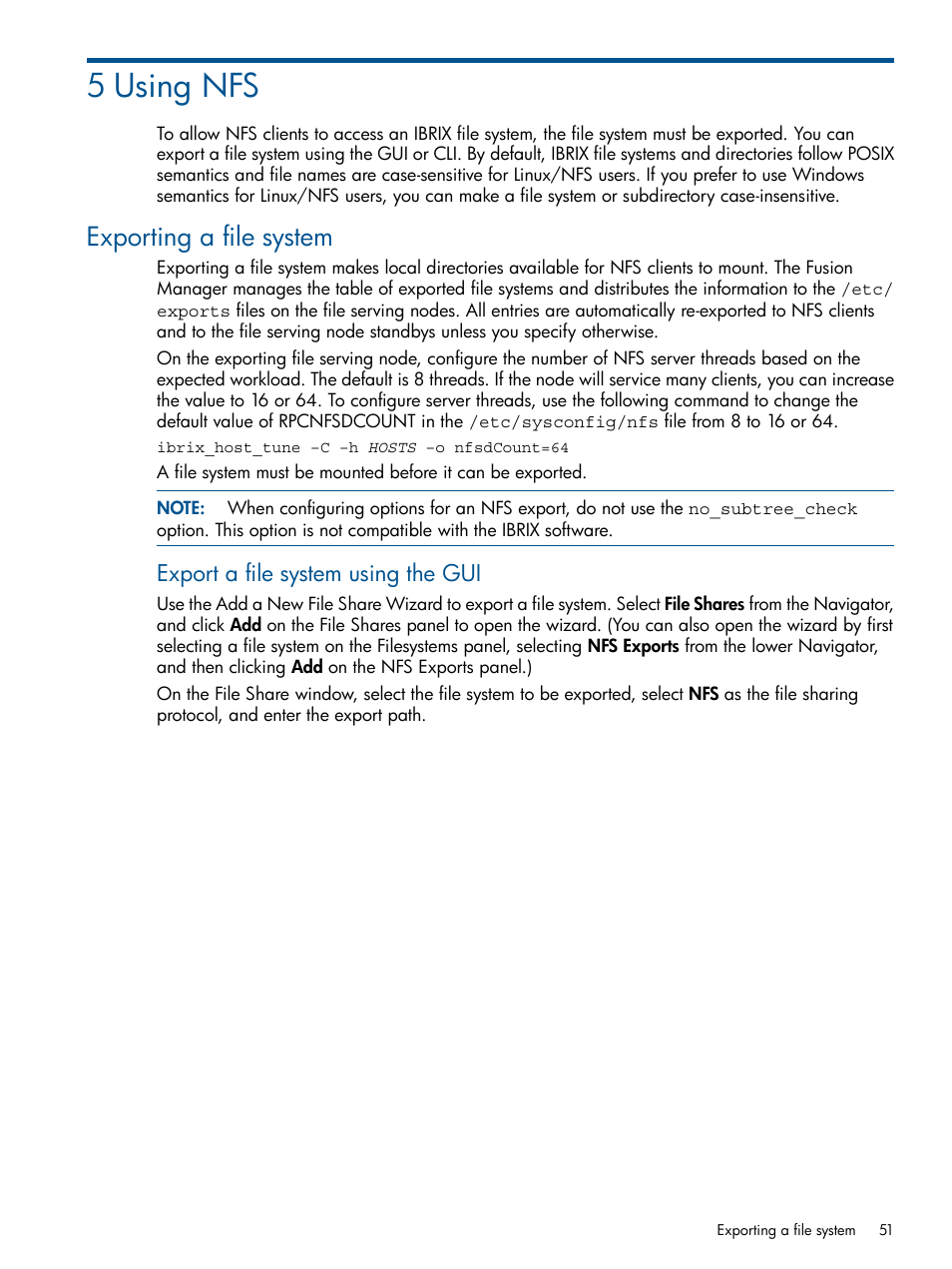 5 using nfs, Exporting a file system, Export a file system using the gui | HP StoreAll Storage User Manual | Page 51 / 254