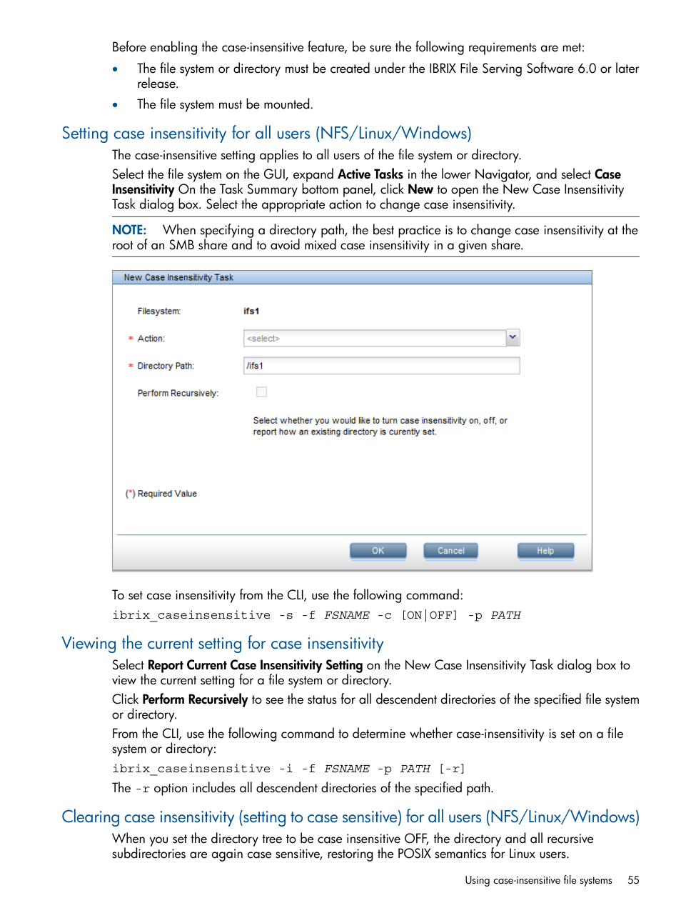 Viewing the current setting for case insensitivity | HP StoreAll Storage User Manual | Page 55 / 254