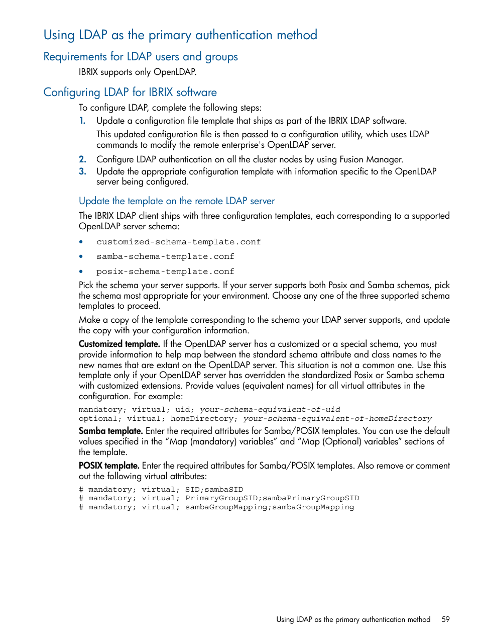 Using ldap as the primary authentication method, Requirements for ldap users and groups, Configuring ldap for ibrix software | HP StoreAll Storage User Manual | Page 59 / 254