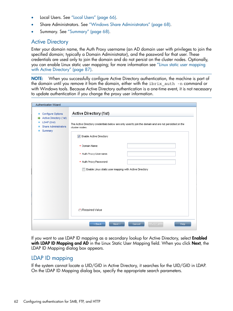 Active directory, Ldap id mapping | HP StoreAll Storage User Manual | Page 62 / 254