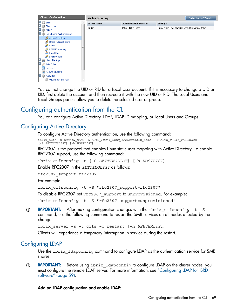 Configuring authentication from the cli, Configuring active directory, Configuring ldap | Configuring active directory configuring ldap | HP StoreAll Storage User Manual | Page 69 / 254
