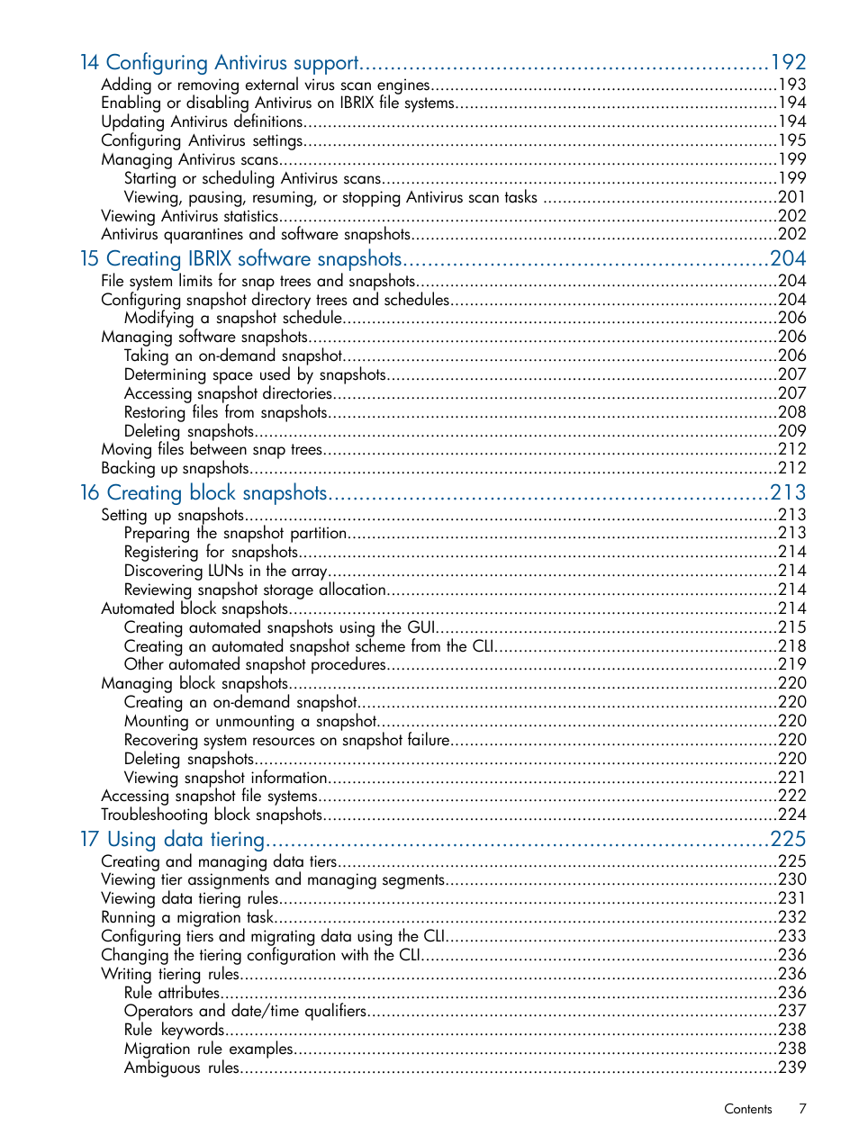 14 configuring antivirus support, 15 creating ibrix software snapshots, 16 creating block snapshots | 17 using data tiering | HP StoreAll Storage User Manual | Page 7 / 254