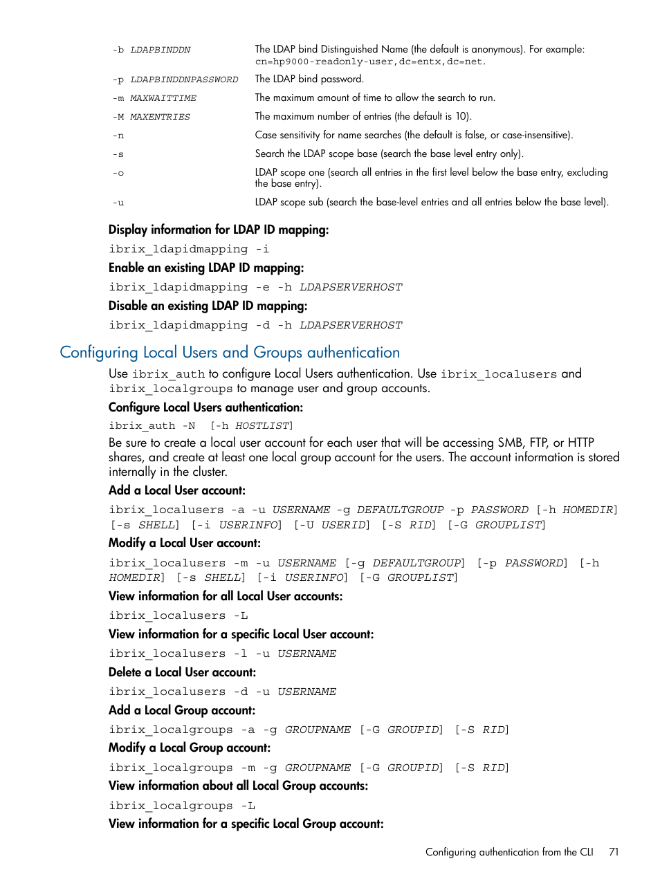 Configuring local users and groups authentication | HP StoreAll Storage User Manual | Page 71 / 254