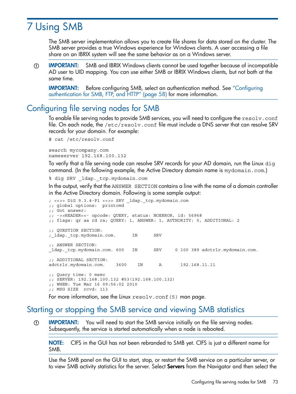 7 using smb, Configuring file serving nodes for smb | HP StoreAll Storage User Manual | Page 73 / 254