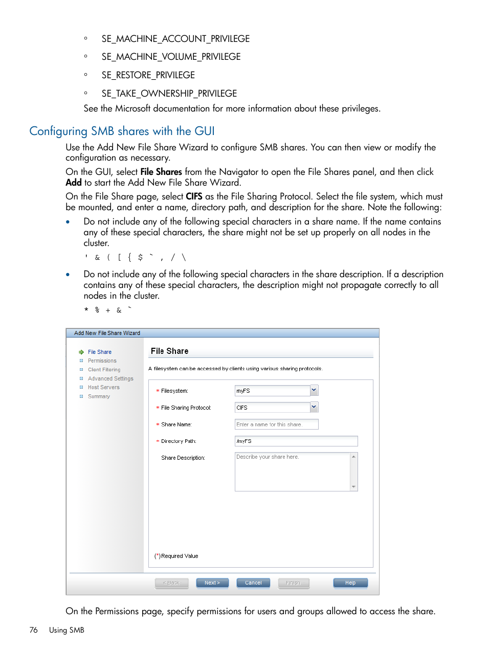 Configuring smb shares with the gui | HP StoreAll Storage User Manual | Page 76 / 254