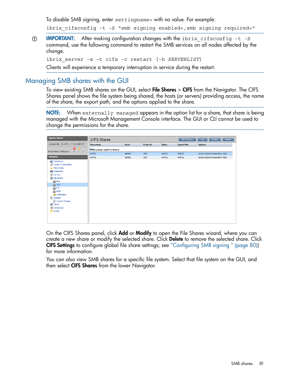 Managing smb shares with the gui | HP StoreAll Storage User Manual | Page 81 / 254