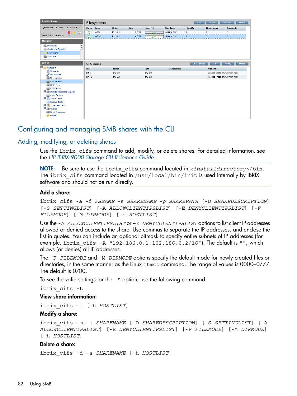 Configuring and managing smb shares with the cli, Adding, modifying, or deleting shares | HP StoreAll Storage User Manual | Page 82 / 254