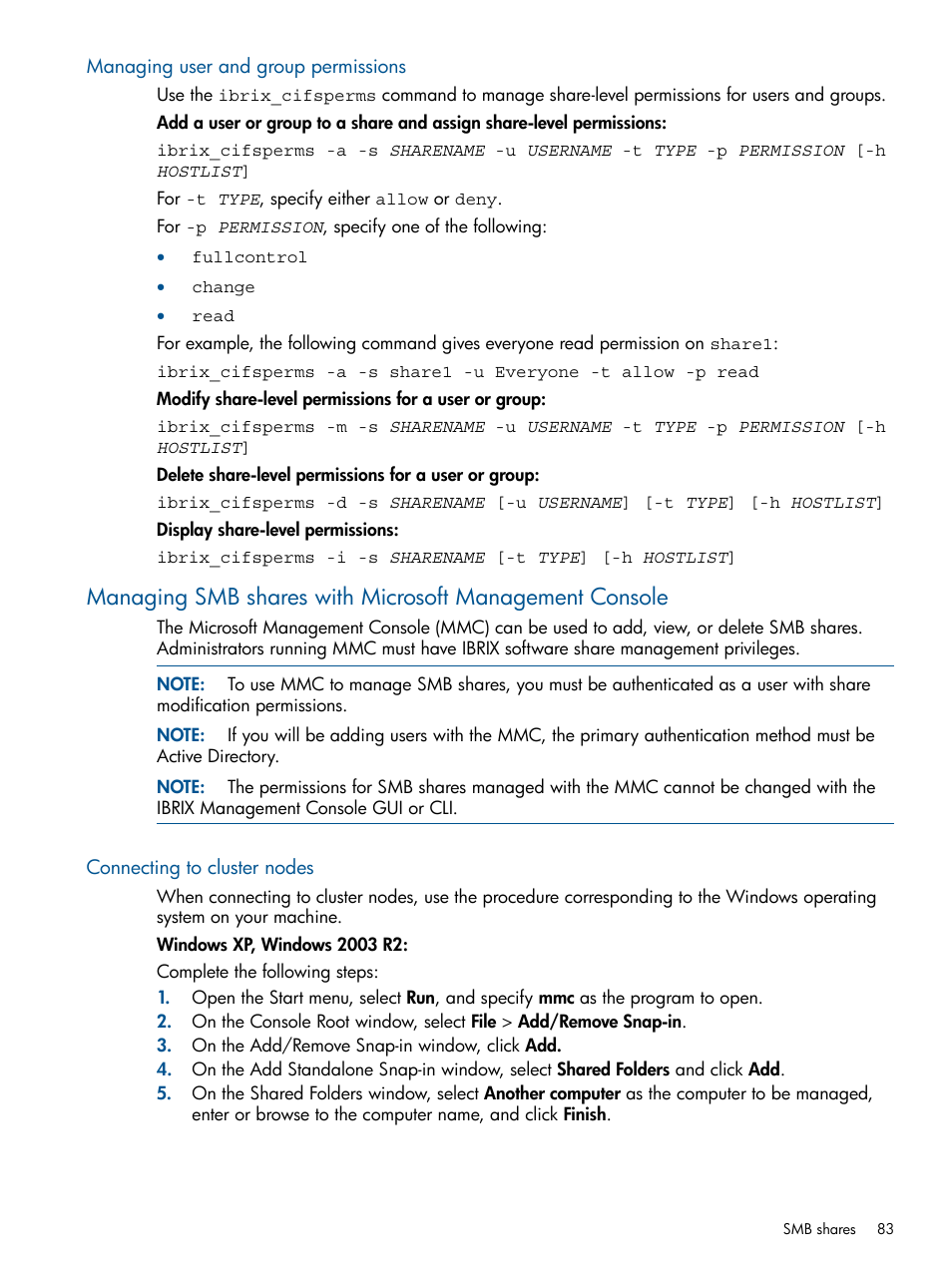Managing user and group permissions, Connecting to cluster nodes | HP StoreAll Storage User Manual | Page 83 / 254