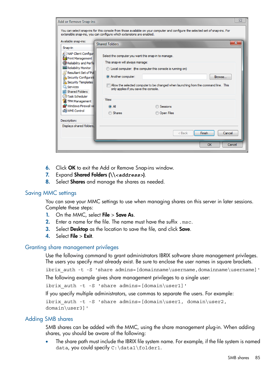 Saving mmc settings, Granting share management privileges, Adding smb shares | HP StoreAll Storage User Manual | Page 85 / 254