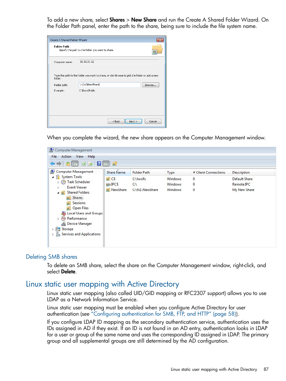 Deleting smb shares, Linux static user mapping with active directory, Linux static user mapping | HP StoreAll Storage User Manual | Page 87 / 254