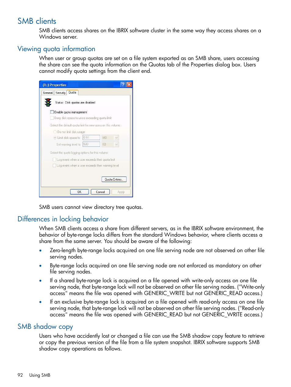 Smb clients, Viewing quota information, Differences in locking behavior | Smb shadow copy | HP StoreAll Storage User Manual | Page 92 / 254
