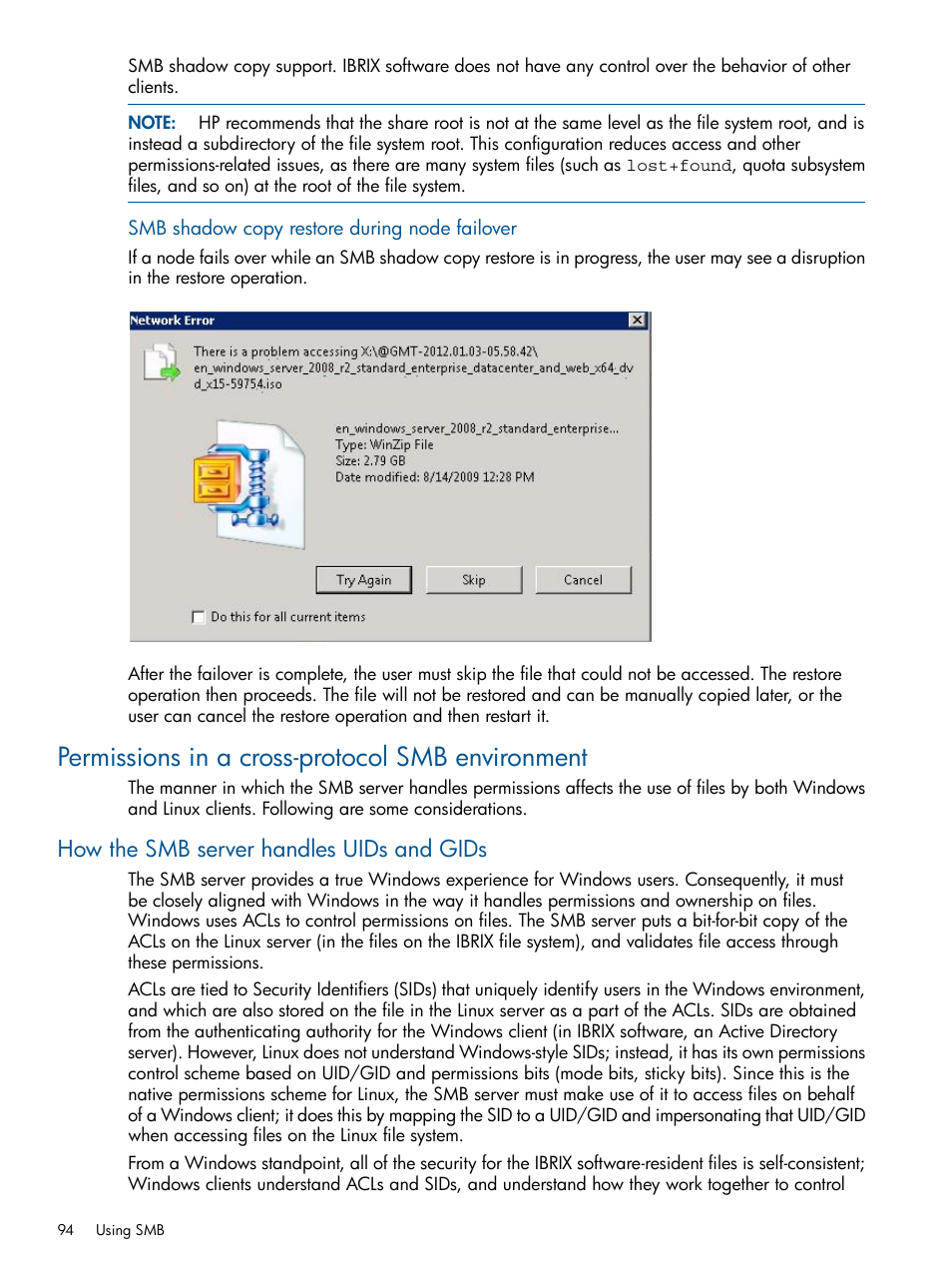 Permissions in a cross-protocol smb environment, How the smb server handles uids and gids | HP StoreAll Storage User Manual | Page 94 / 254