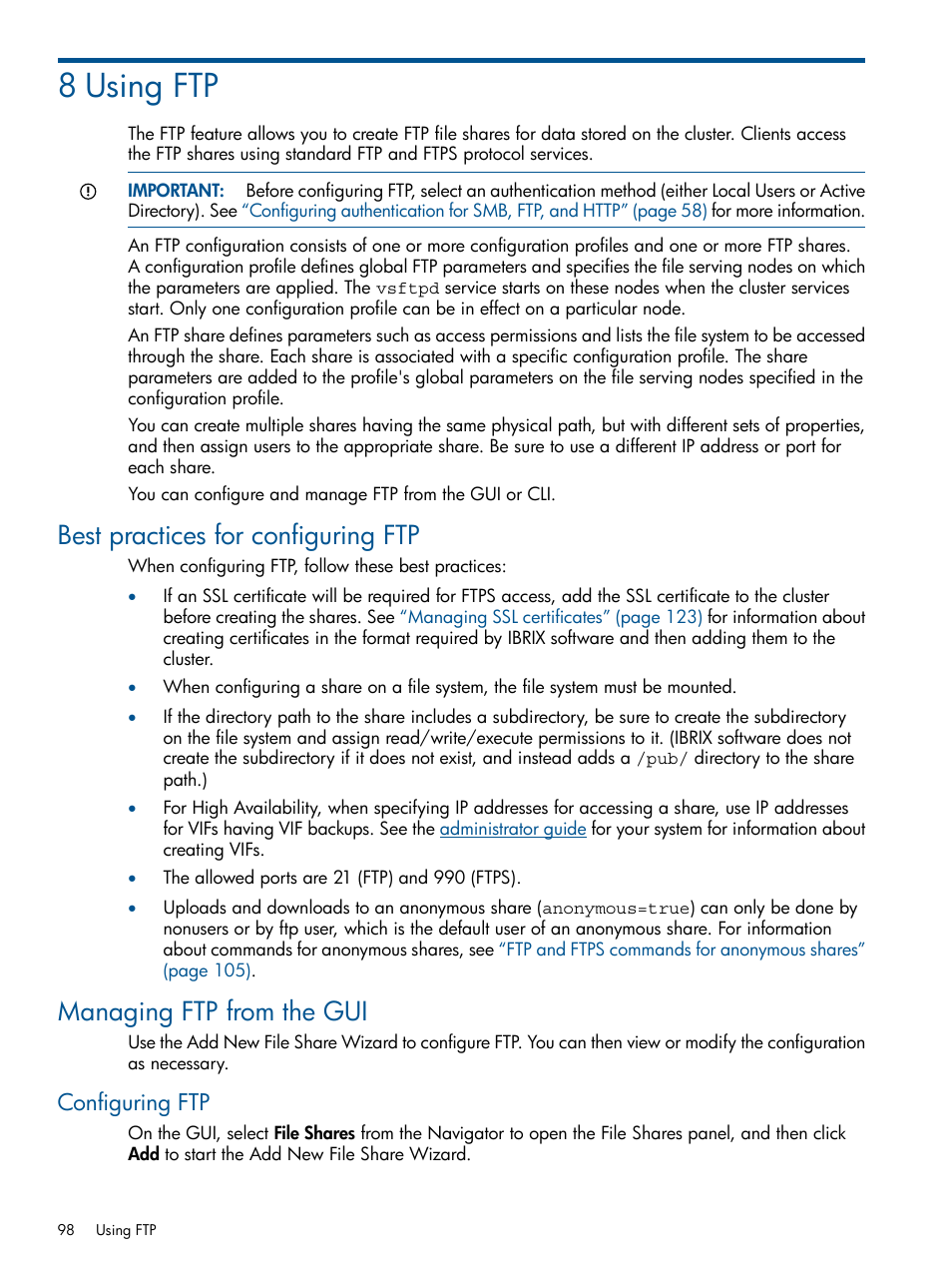 8 using ftp, Best practices for configuring ftp, Managing ftp from the gui | Configuring ftp | HP StoreAll Storage User Manual | Page 98 / 254