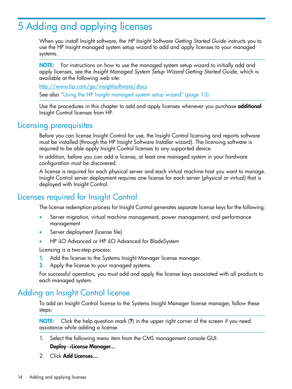 5 adding and applying licenses, Licensing prerequisites, Licenses required for insight control | Adding an insight control license | HP Insight Control User Manual | Page 14 / 37