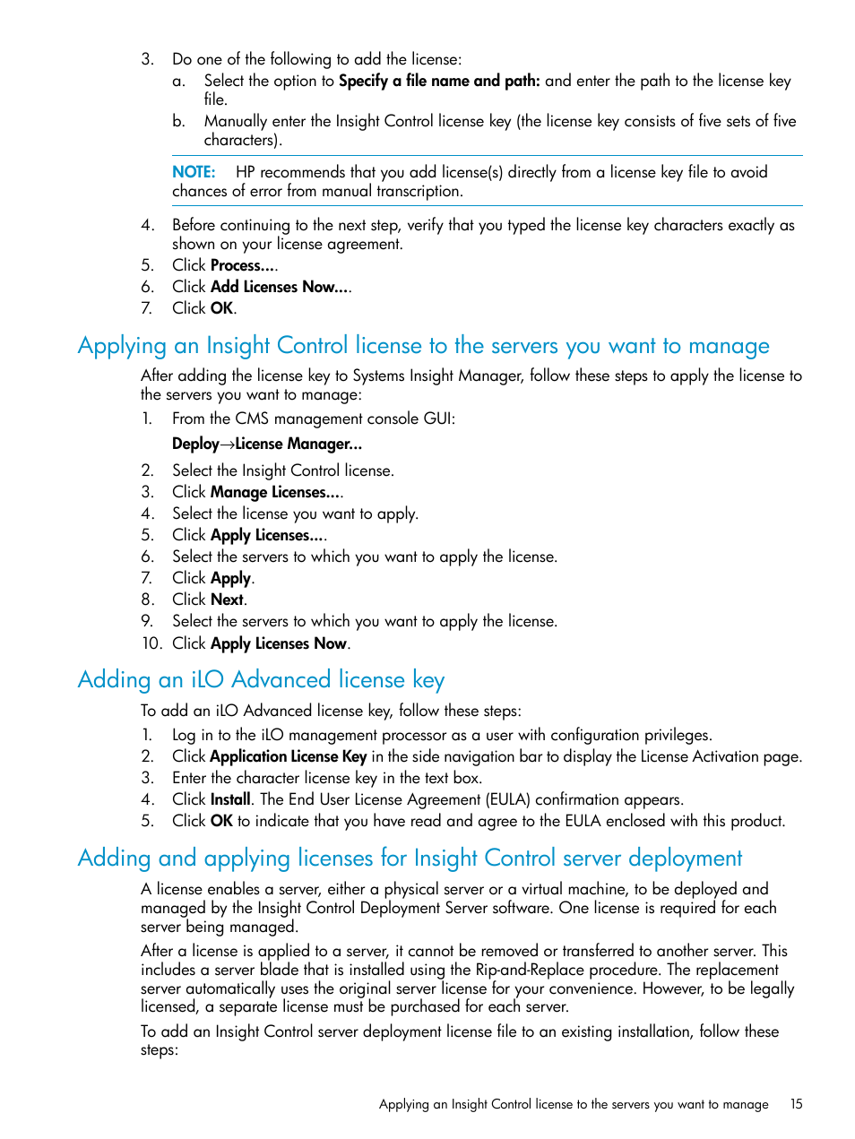 Adding an ilo advanced license key | HP Insight Control User Manual | Page 15 / 37