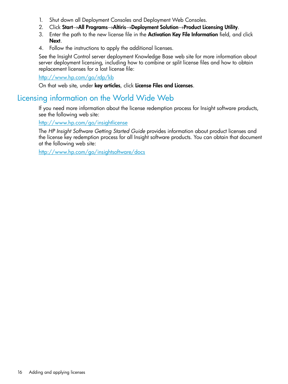 Licensing information on the world wide web | HP Insight Control User Manual | Page 16 / 37