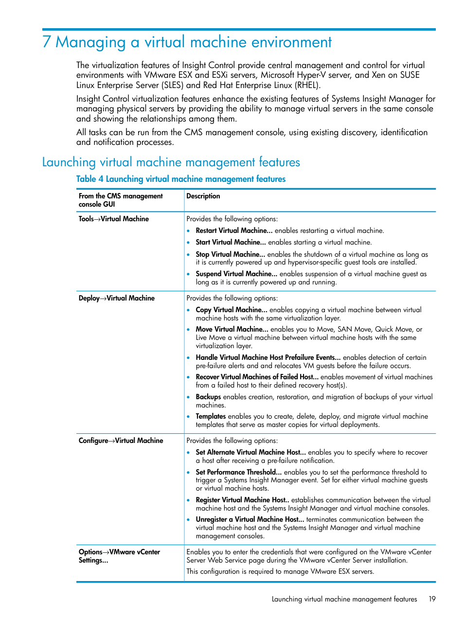 7 managing a virtual machine environment, Launching virtual machine management features | HP Insight Control User Manual | Page 19 / 37