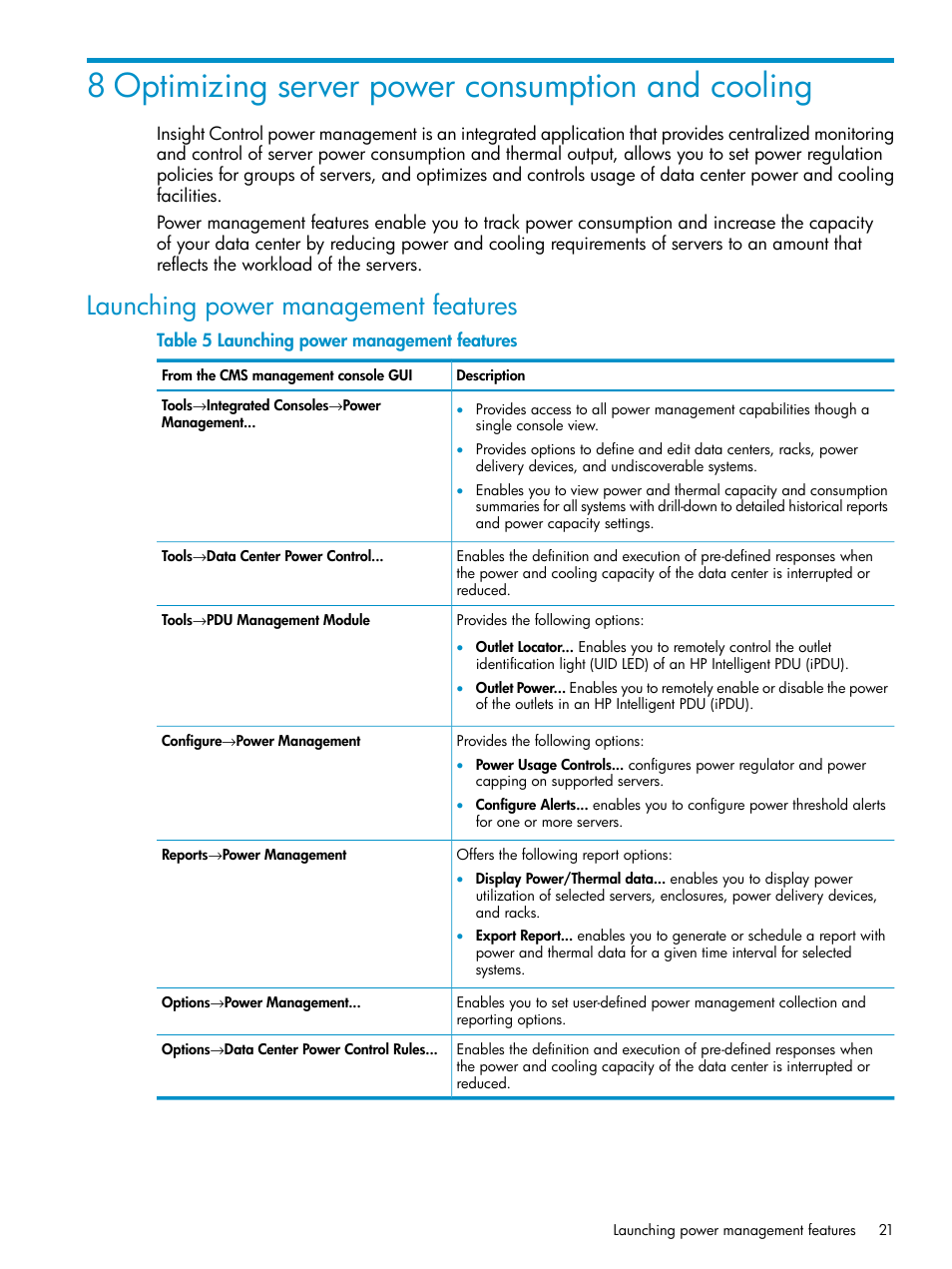 8 optimizing server power consumption and cooling, Launching power management features | HP Insight Control User Manual | Page 21 / 37