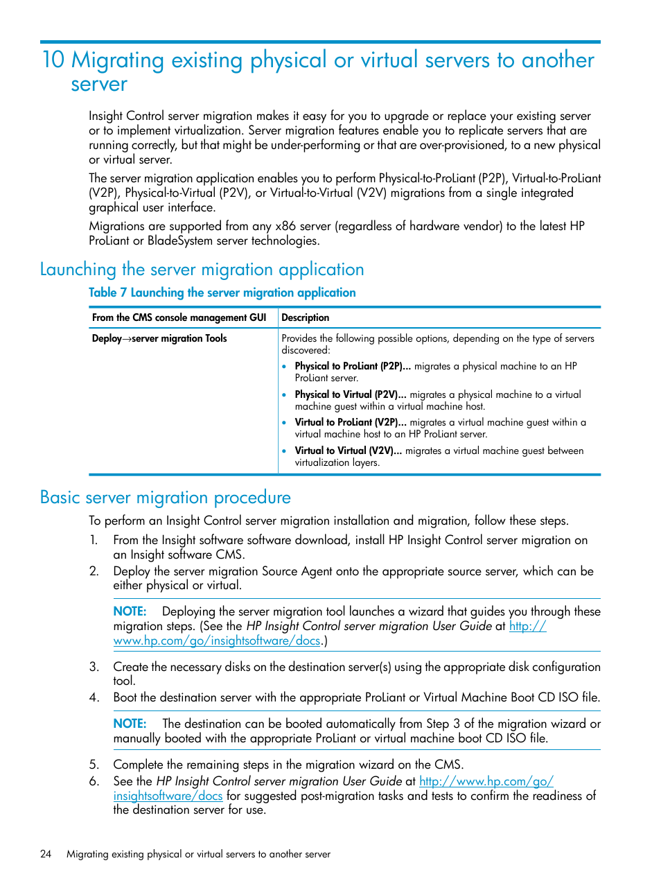 Launching the server migration application, Basic server migration procedure | HP Insight Control User Manual | Page 24 / 37