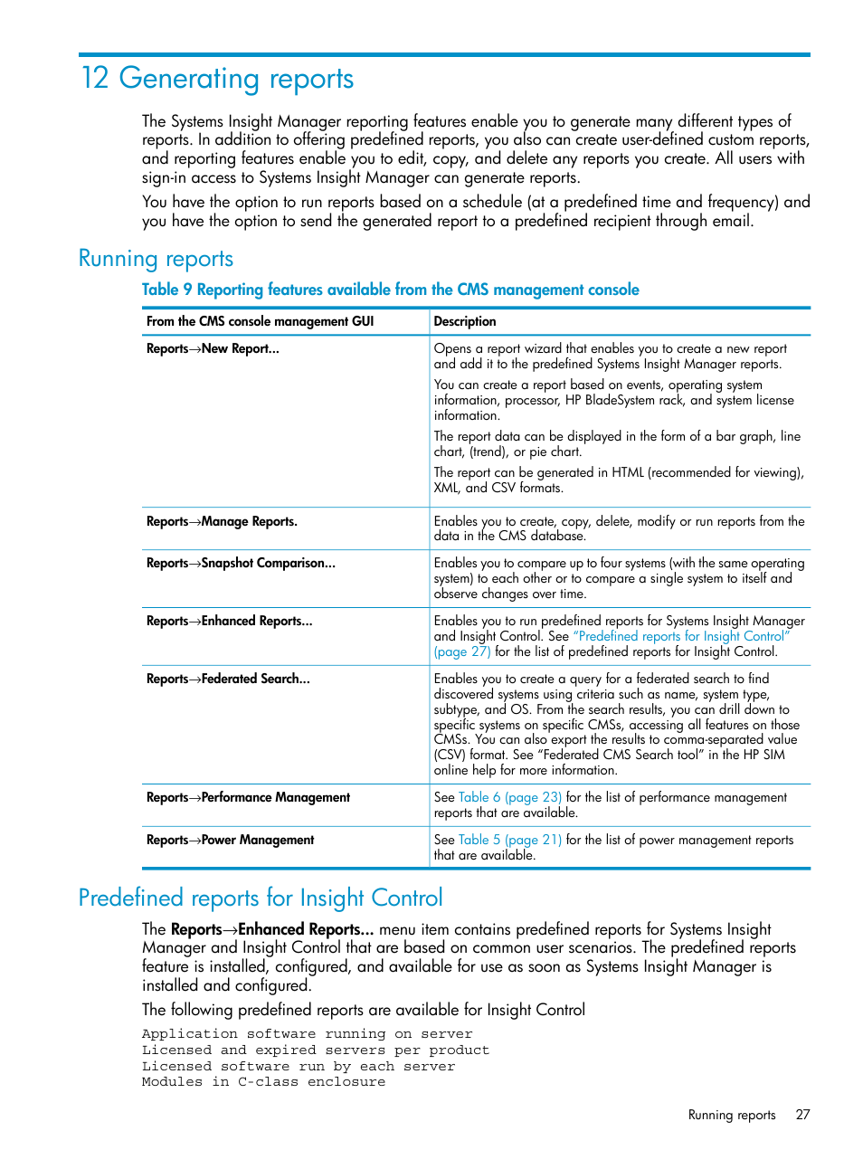 12 generating reports, Running reports, Predefined reports for insight control | HP Insight Control User Manual | Page 27 / 37