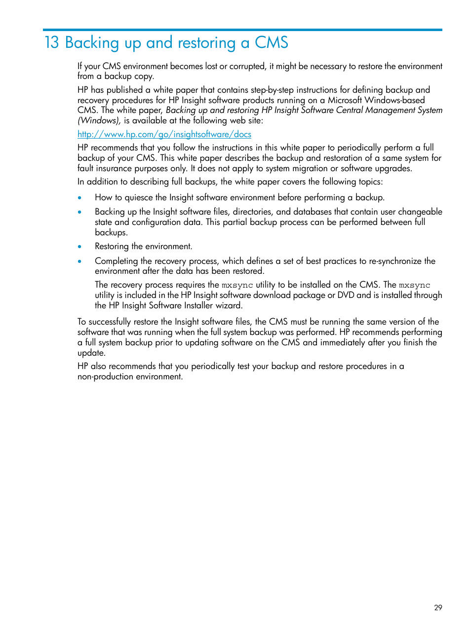 13 backing up and restoring a cms | HP Insight Control User Manual | Page 29 / 37