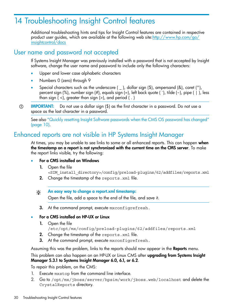 14 troubleshooting insight control features, User name and password not accepted | HP Insight Control User Manual | Page 30 / 37