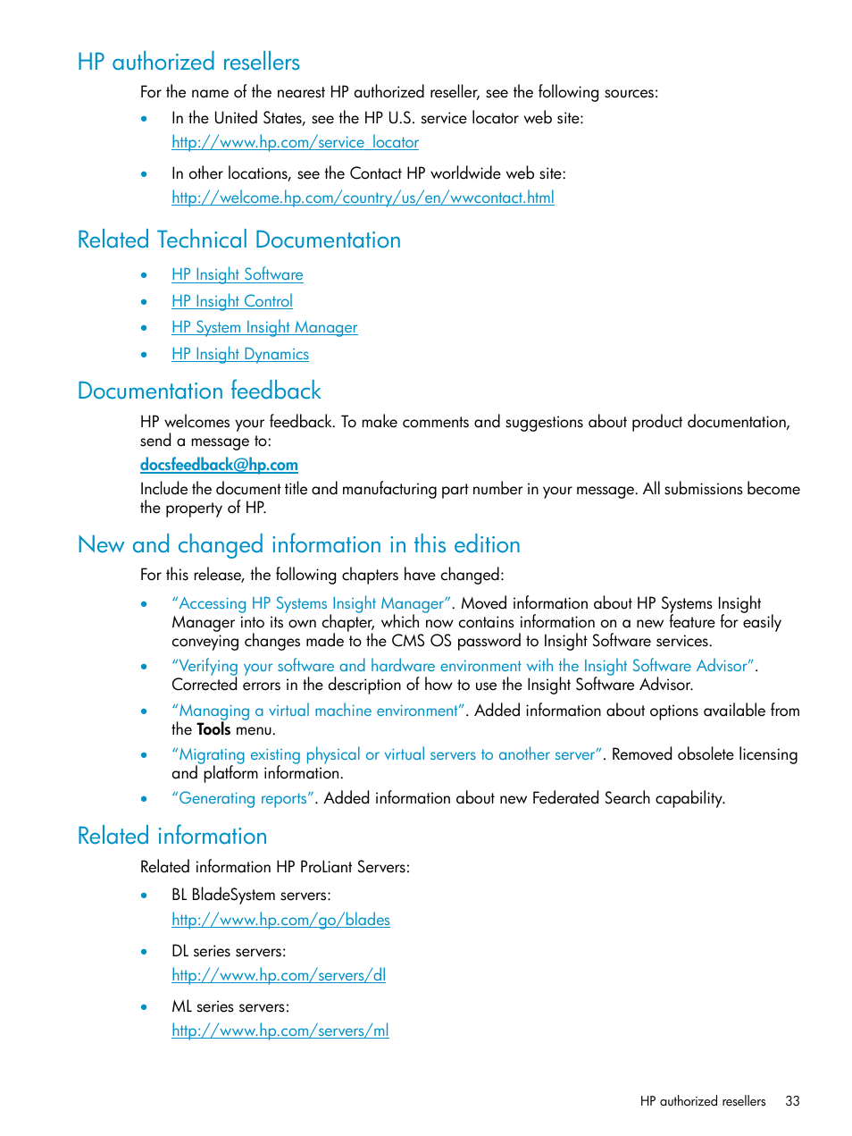 Hp authorized resellers, Related technical documentation, Documentation feedback | New and changed information in this edition, Related information | HP Insight Control User Manual | Page 33 / 37