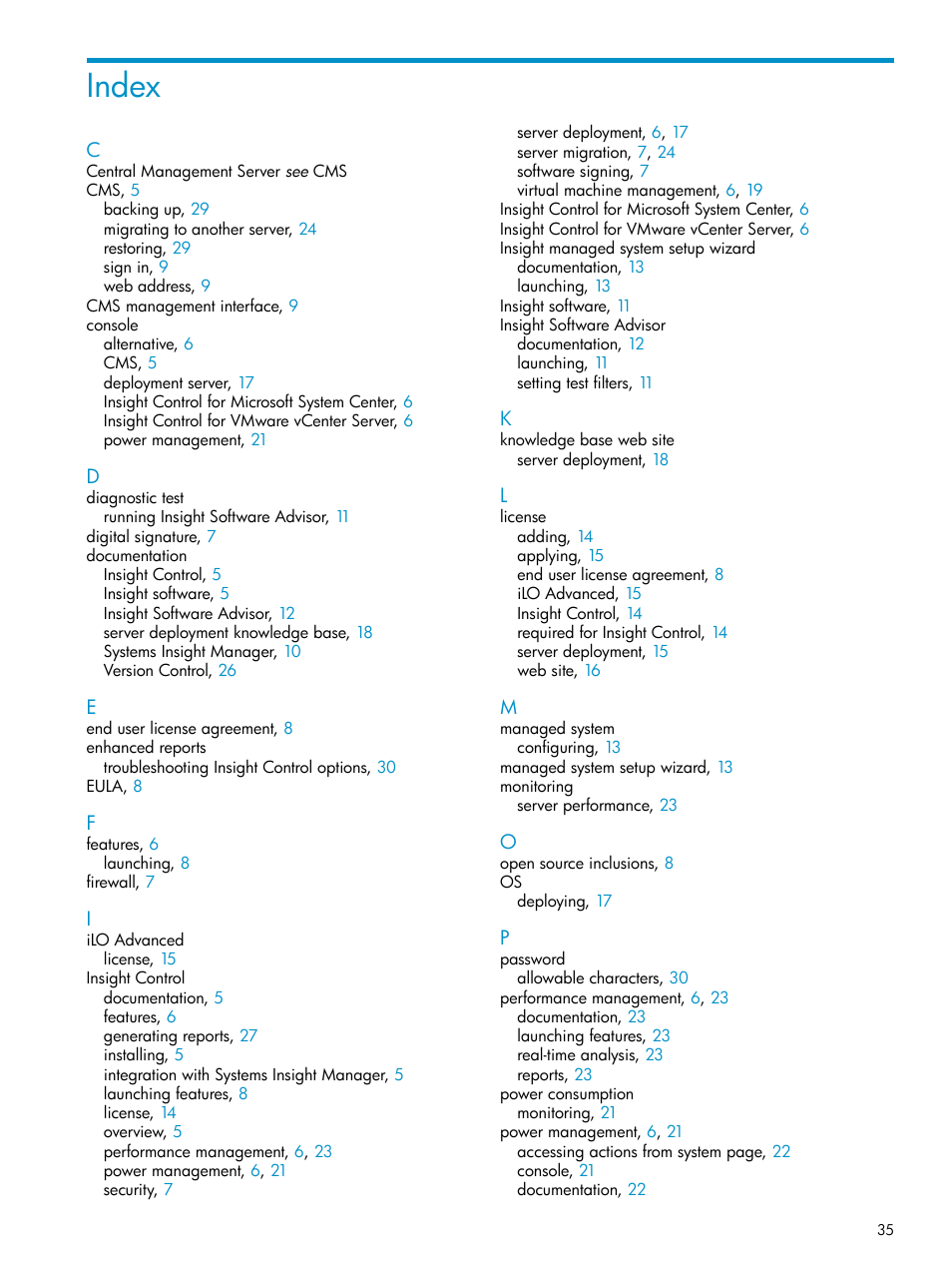 Index | HP Insight Control User Manual | Page 35 / 37