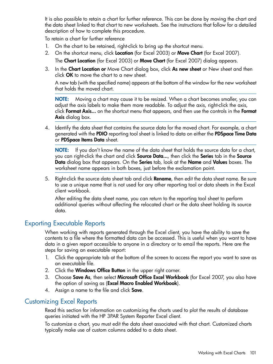 Exporting executable reports, Customizing excel reports | HP 3PAR StoreServ 7000 Storage User Manual | Page 101 / 231
