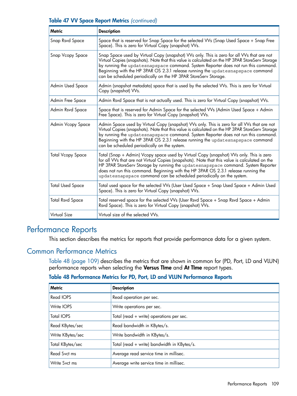 Performance reports, Common performance metrics | HP 3PAR StoreServ 7000 Storage User Manual | Page 109 / 231