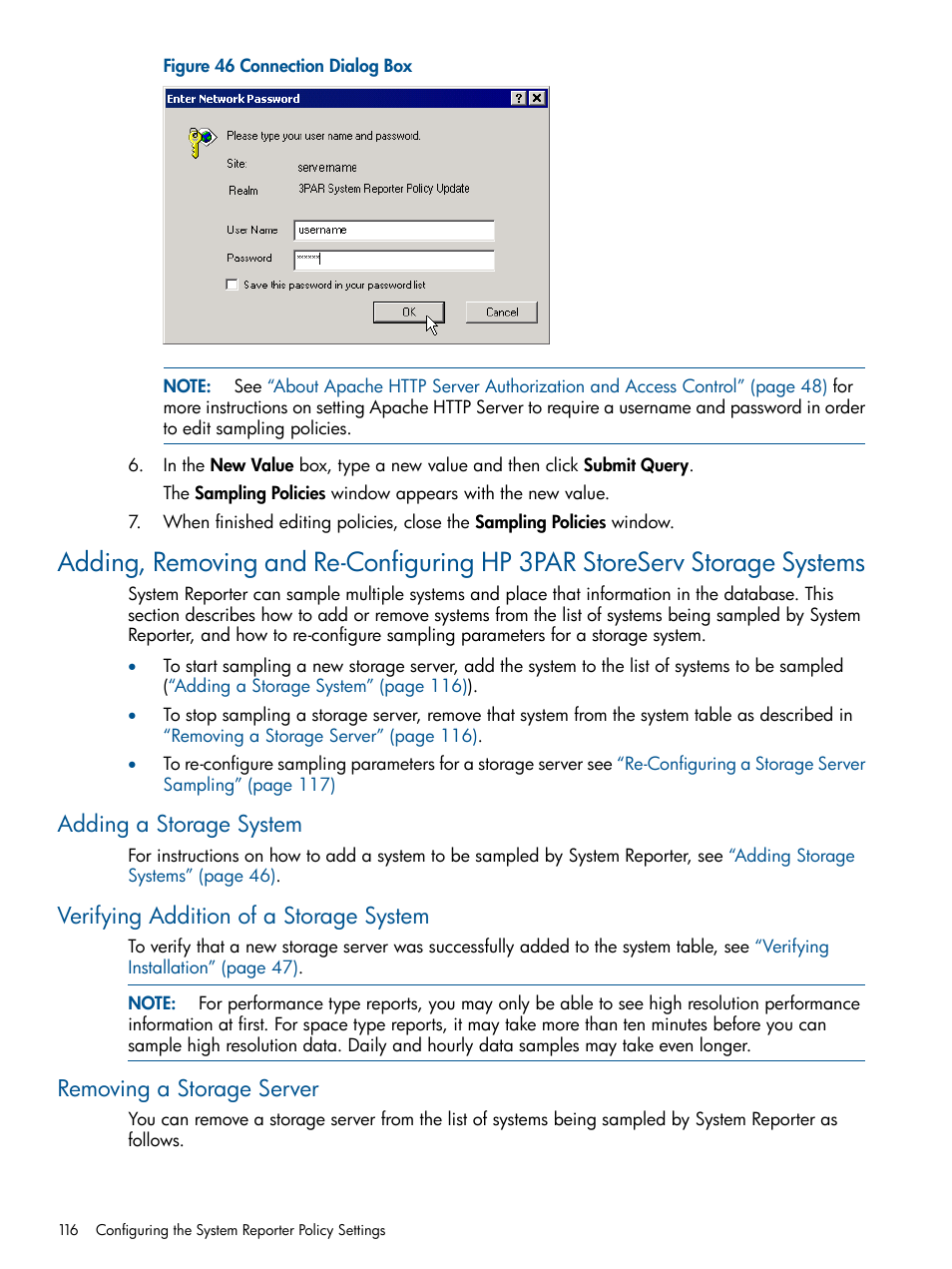 Adding a storage system, Verifying addition of a storage system, Removing a storage server | Figure 46 | HP 3PAR StoreServ 7000 Storage User Manual | Page 116 / 231