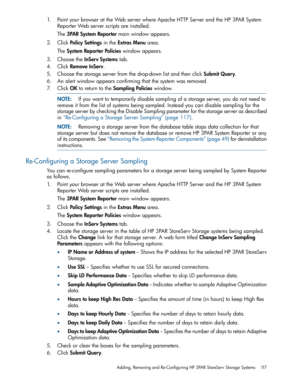 Re-configuring a storage server sampling, Re-configuring a storage, Re-configuring a storage server | HP 3PAR StoreServ 7000 Storage User Manual | Page 117 / 231