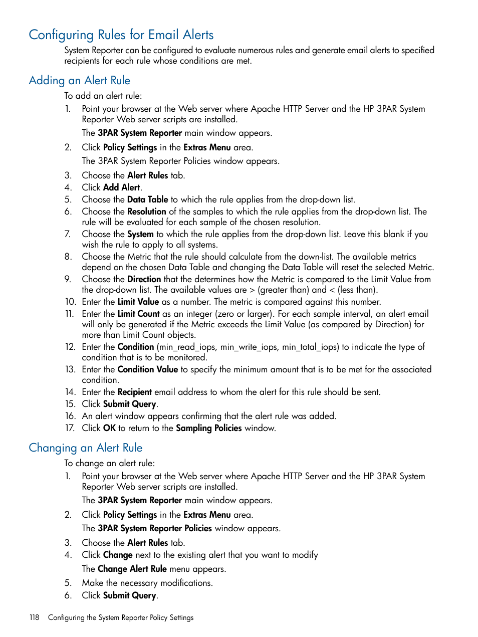 Configuring rules for email alerts, Adding an alert rule, Changing an alert rule | Adding an alert rule changing an alert rule, Configuring rules for email | HP 3PAR StoreServ 7000 Storage User Manual | Page 118 / 231