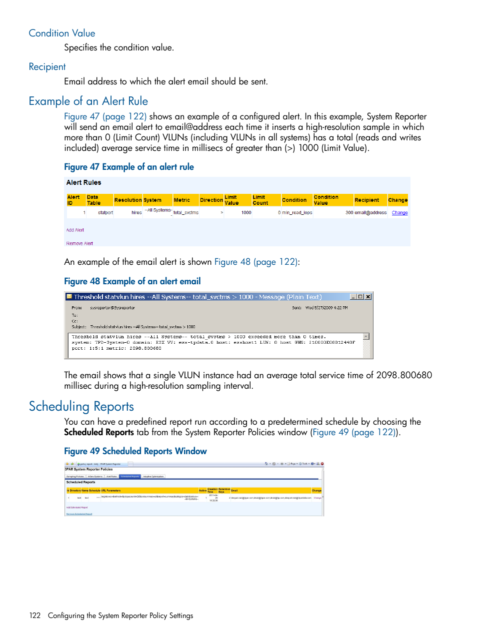 Condition value, Recipient, Example of an alert rule | Scheduling reports, Condition value recipient | HP 3PAR StoreServ 7000 Storage User Manual | Page 122 / 231