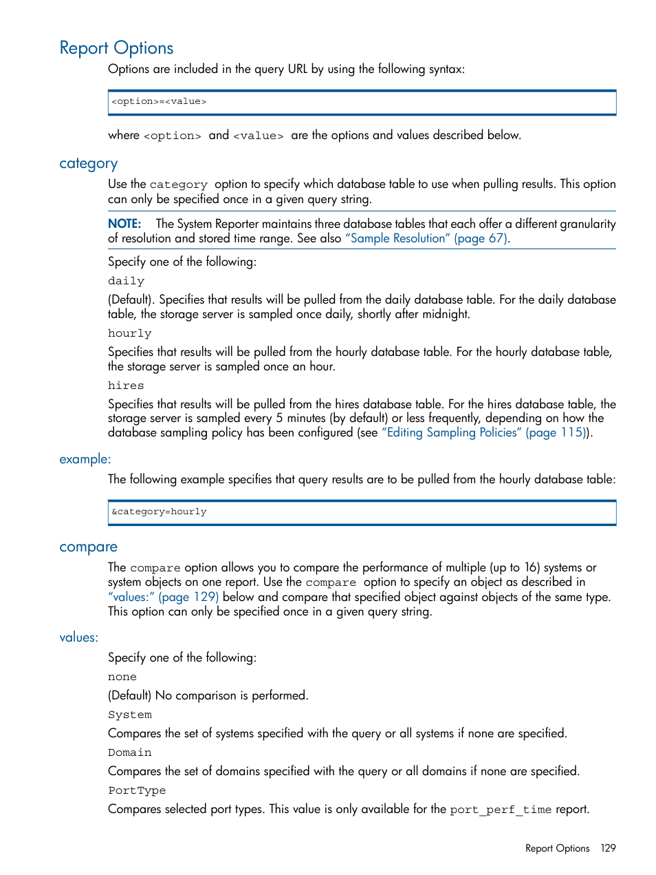 Report options, Category, Example | Compare, Values | HP 3PAR StoreServ 7000 Storage User Manual | Page 129 / 231
