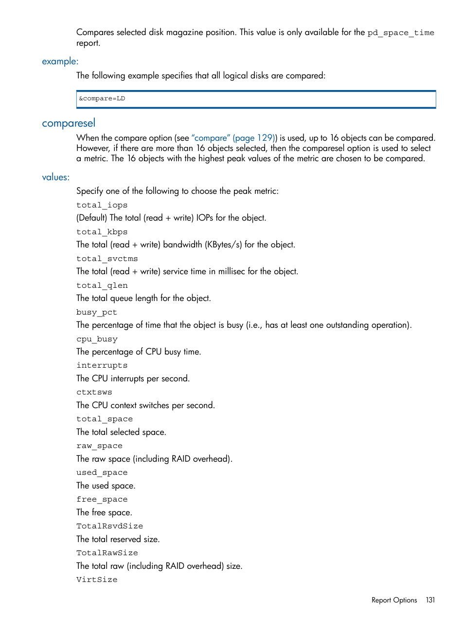 Example, Comparesel, Values | HP 3PAR StoreServ 7000 Storage User Manual | Page 131 / 231