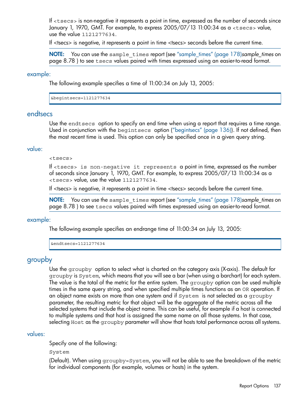 Example, Endtsecs, Value | Groupby, Values, Value: example | HP 3PAR StoreServ 7000 Storage User Manual | Page 137 / 231