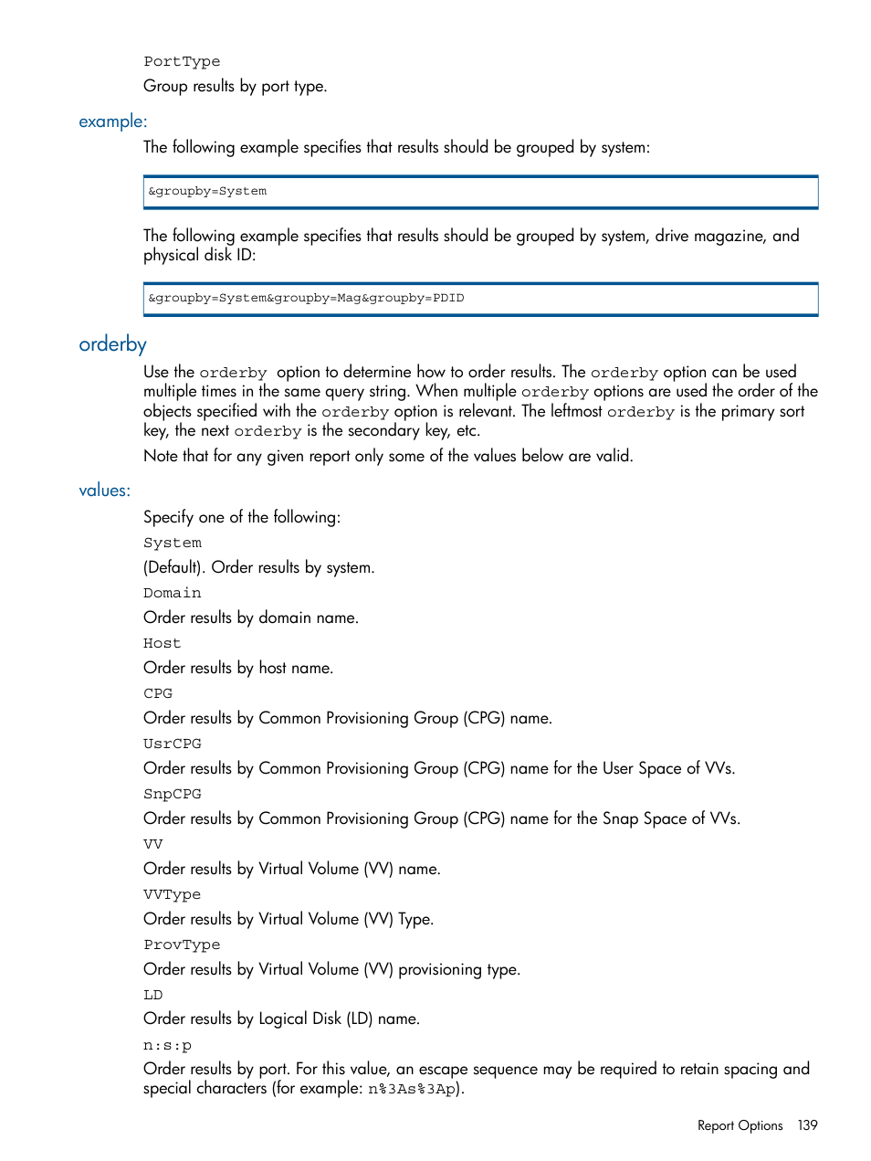 Example, Orderby, Values | HP 3PAR StoreServ 7000 Storage User Manual | Page 139 / 231