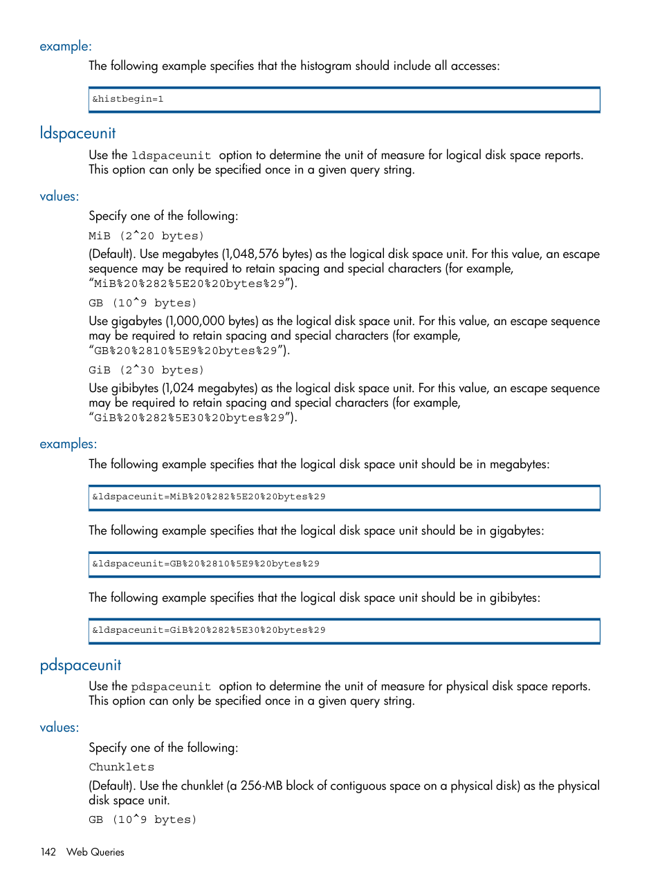 Example, Ldspaceunit, Values | Examples, Pdspaceunit, Values: examples | HP 3PAR StoreServ 7000 Storage User Manual | Page 142 / 231