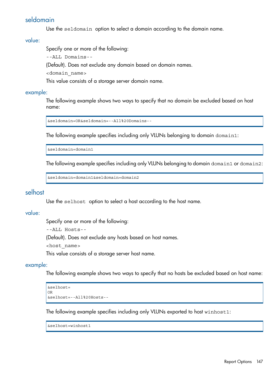 Seldomain, Value, Example | Selhost, Value: example | HP 3PAR StoreServ 7000 Storage User Manual | Page 147 / 231