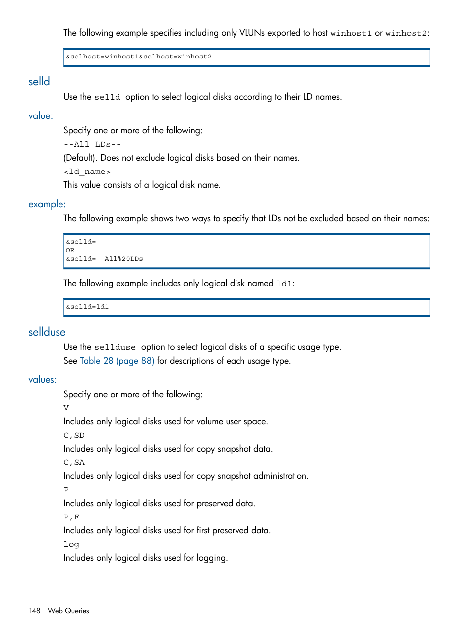 Selld, Value, Example | Sellduse, Values, Value: example | HP 3PAR StoreServ 7000 Storage User Manual | Page 148 / 231