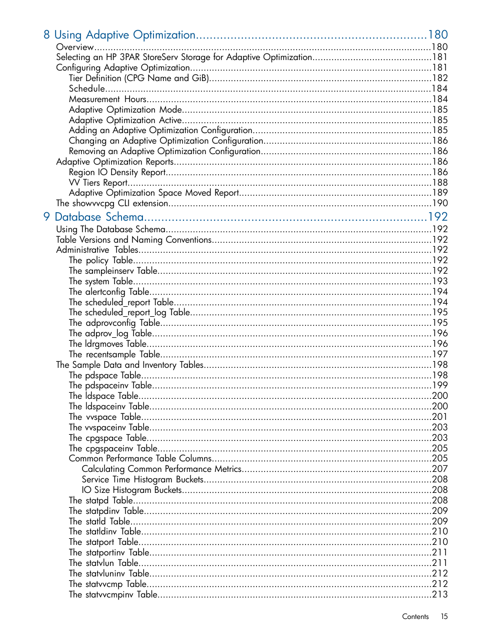 8 using adaptive optimization, 9 database schema | HP 3PAR StoreServ 7000 Storage User Manual | Page 15 / 231