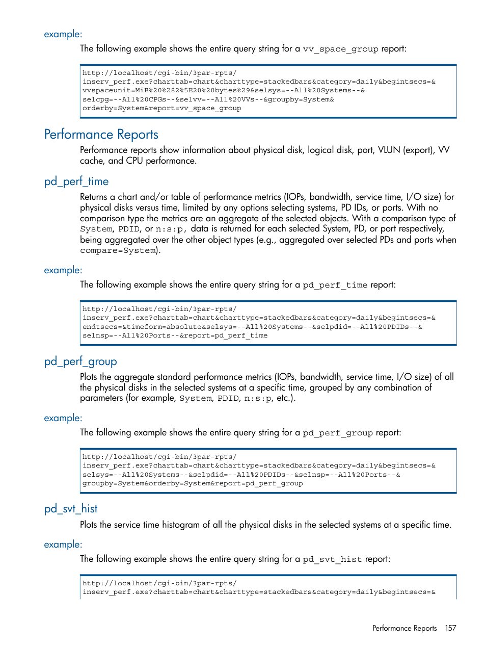Example, Performance reports, Pd_perf_time | Pd_perf_group, Pd_svt_hist | HP 3PAR StoreServ 7000 Storage User Manual | Page 157 / 231