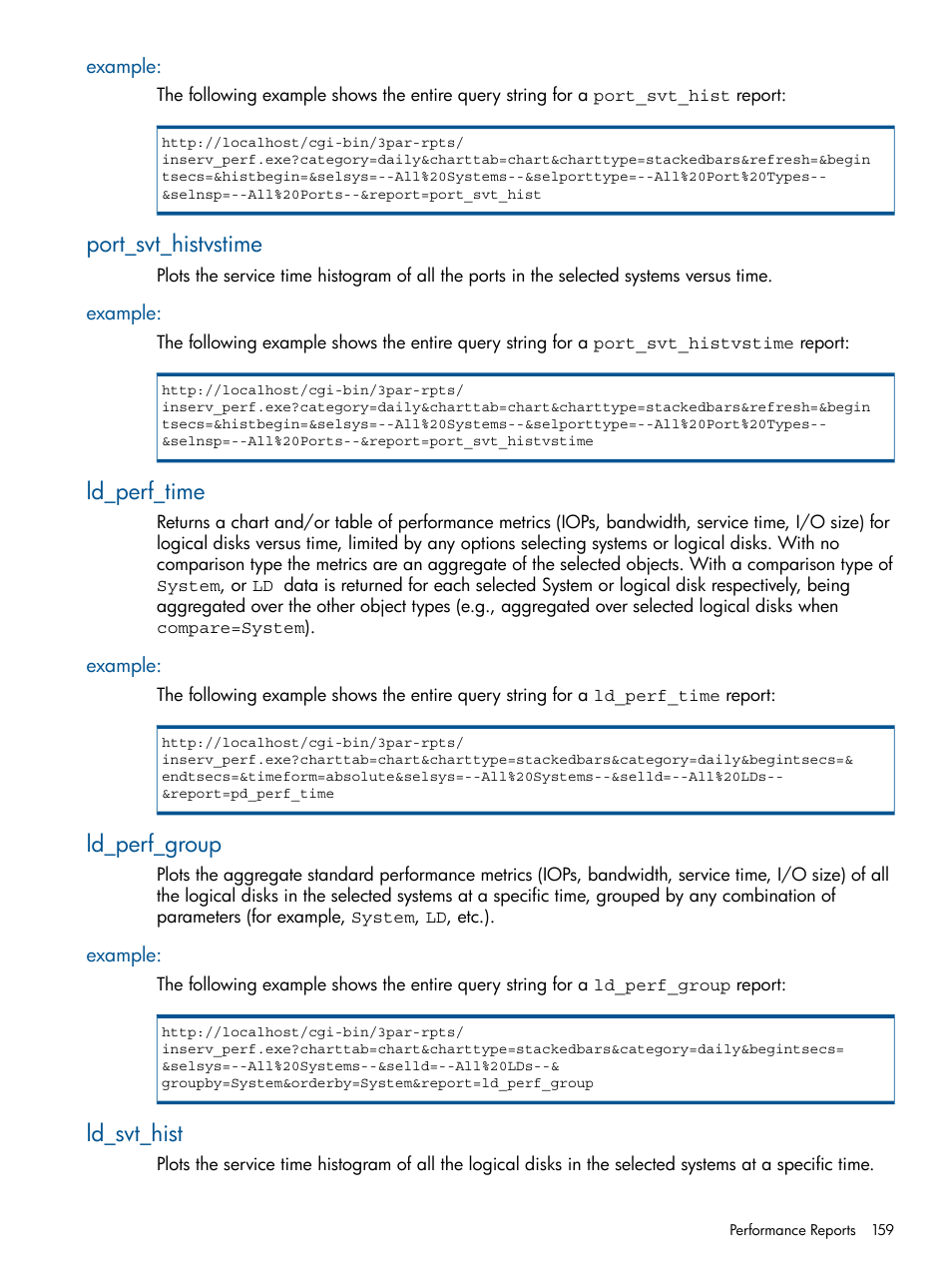 Example, Port_svt_histvstime, Ld_perf_time | Ld_perf_group, Ld_svt_hist | HP 3PAR StoreServ 7000 Storage User Manual | Page 159 / 231