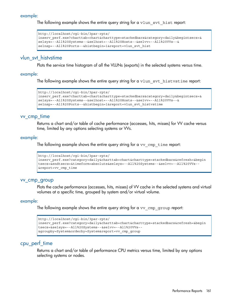 Example, Vlun_svt_histvstime, Vv_cmp_time | Vv_cmp_group, Cpu_perf_time | HP 3PAR StoreServ 7000 Storage User Manual | Page 161 / 231