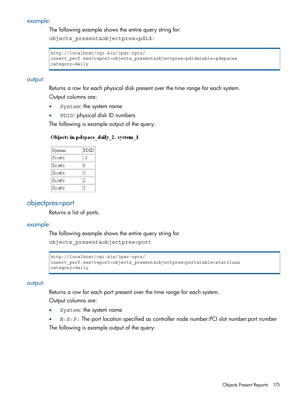 Example, Output, Objectpres=port | Example: output | HP 3PAR StoreServ 7000 Storage User Manual | Page 175 / 231