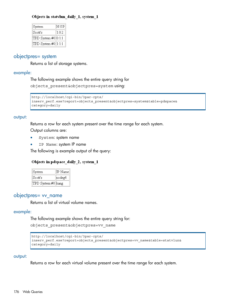 Objectpres= system, Example, Output | Objectpres= vv_name, Example: output | HP 3PAR StoreServ 7000 Storage User Manual | Page 176 / 231